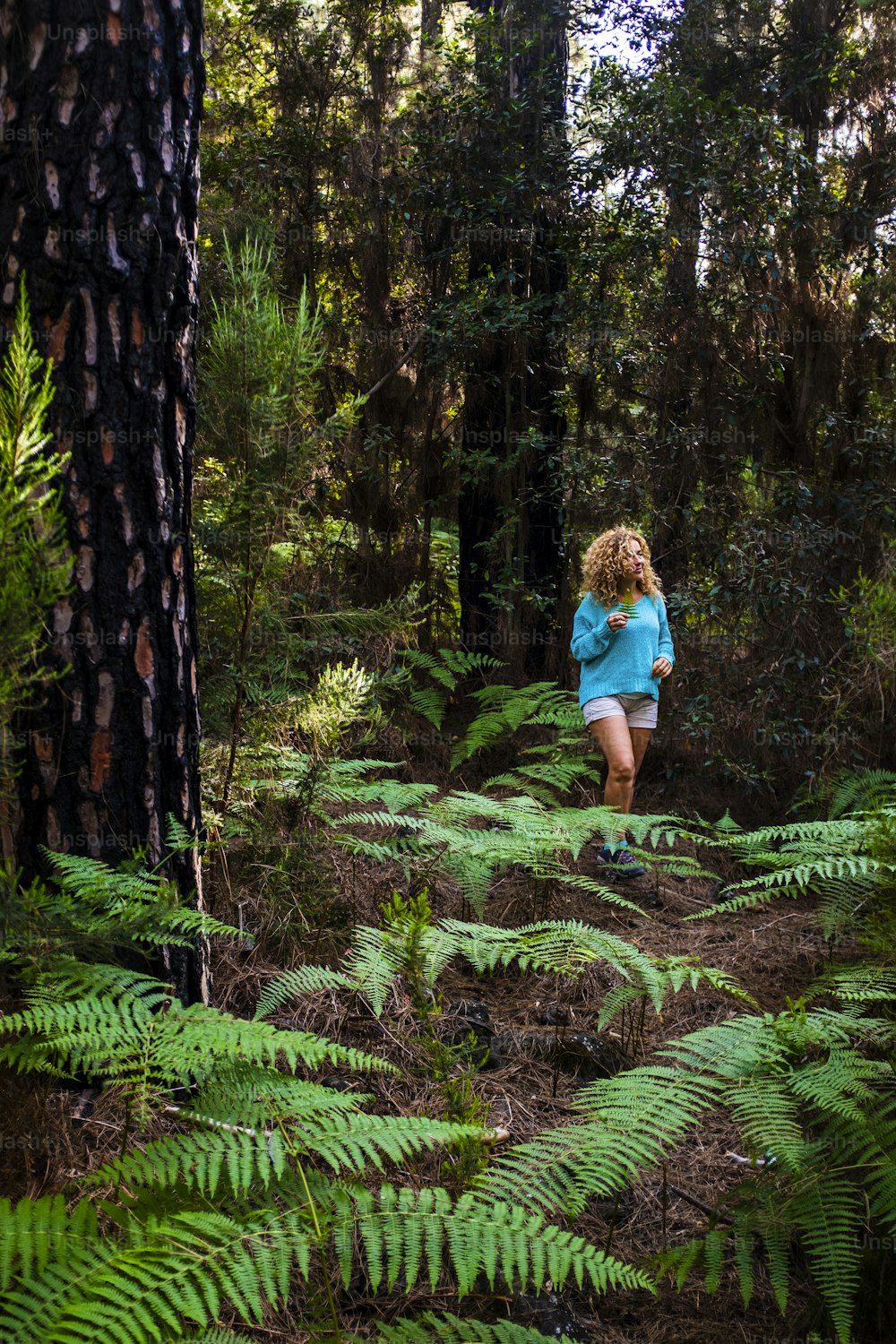 Glückliche junge Frau spazieren gehen und die Freizeitaktivitäten im Freien im grünen Schönheit tropischen Wald genießen - Mensch und Umwelt - retten und pflegen Sie den Planeten Erde Konzept mit alternativem Tourismus
