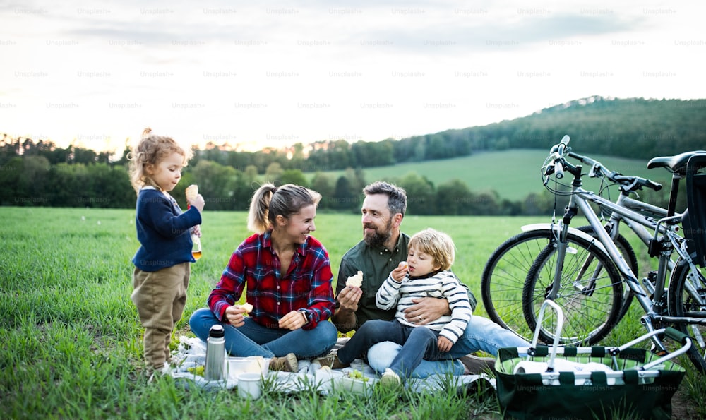 Front view of family with two small children on cycling trip, sitting on grass and resting.