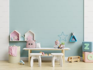 Maqueta de pared en la habitación de los niños en la pared de color azul oscuro fondo.3D Renderizado