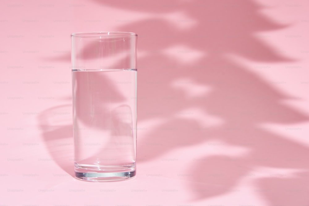 Glass of water and leaf shadow on pink background