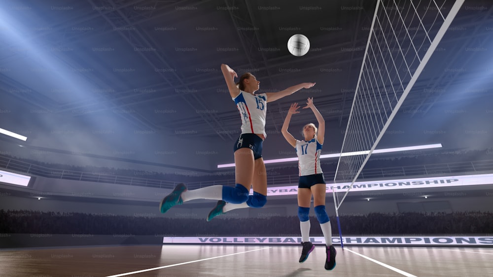 Female professional volleyball players in action on 3d stadium.