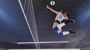 Jogadoras profissionais de voleibol em ação no estádio 3D.