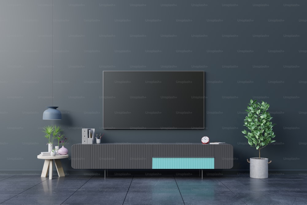 LED TV on the dark wall in living room,minimal design,3d rendering