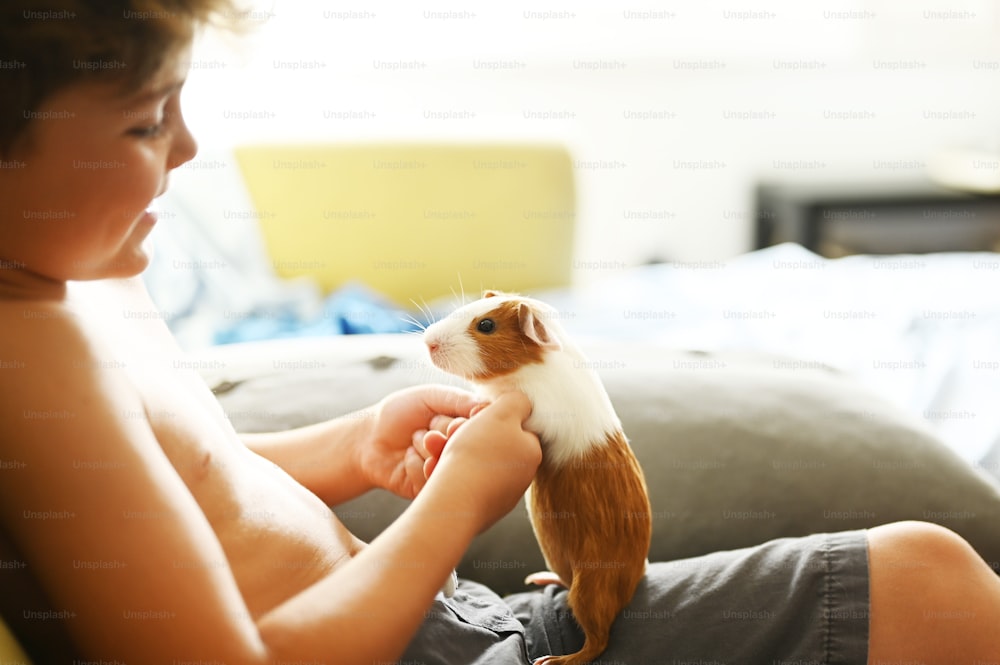 a young boy sitting on a couch petting a small animal