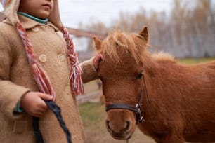 Unrecognizable kid spending time with chestnut pony on horse farm horizontal shot