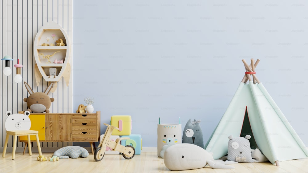 Maqueta de pared en la habitación de los niños en la pared fondo azul claro.3D Renderizado