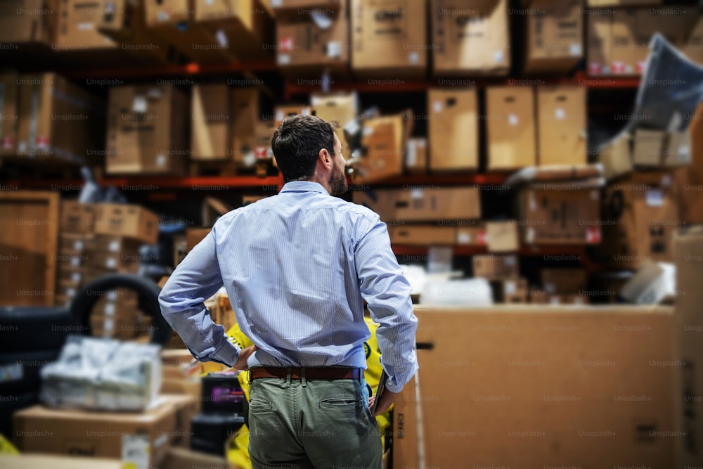 Rear view of bearded businessman standing in storage of export firm and checking on boxes ready for shipment.