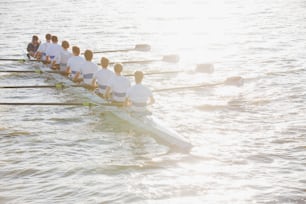 a row of rowers in white shirts row across the water
