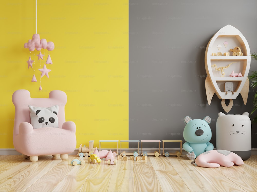 Mockup-Wand im Kinderzimmer auf gelb leuchtendem und ultimativem grauem Wandhintergrund.3D Rendering