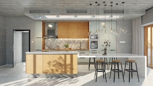interior moderno da cozinha de estilo loft. Conceito de design de renderização 3D
