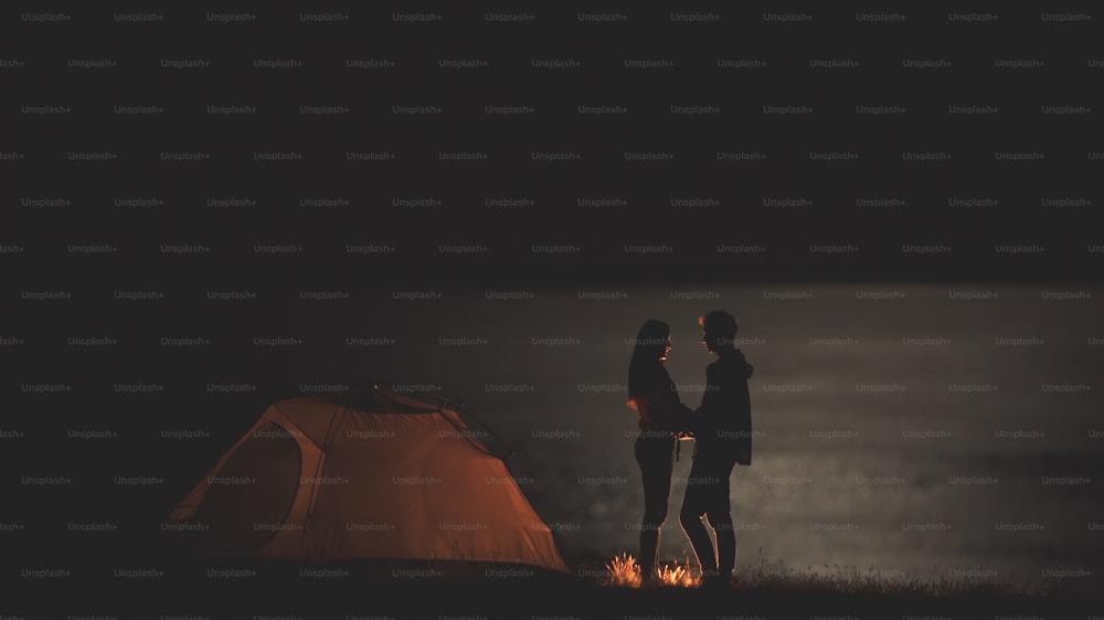 The romantic couple standing in hugs on the night sea shore