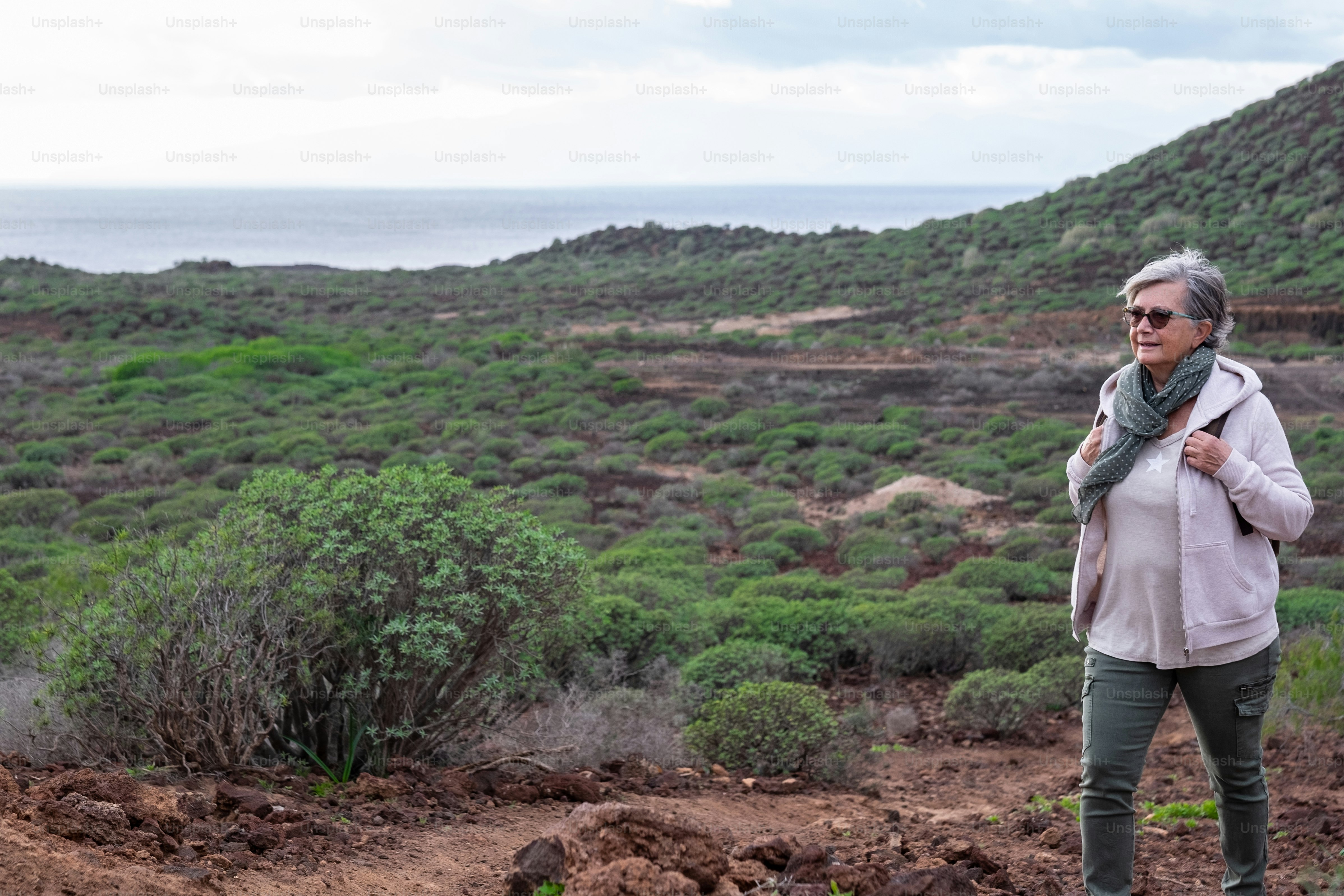 Femme âgée insouciante profitant d’une excursion en plein air entre buissons verts et mer. Personnes âgées souriantes aux cheveux blancs avec sac à dos