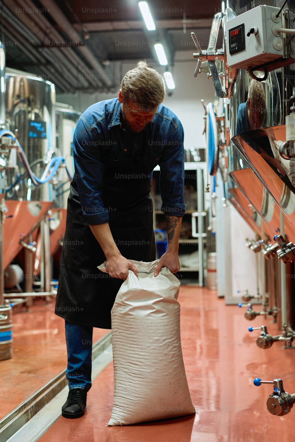 Young brewer in workwear going to unpack white sack of barley while standing in aisle between two rows of beer production equipment