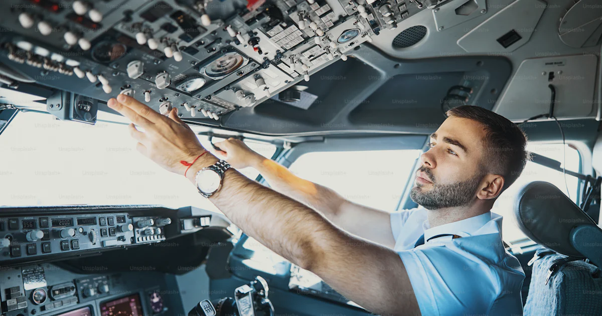Calm Pilot Calm Caucasian pilot looking concentrated while checking the switchers ...
