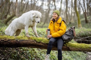 Young woman in hiking colorful clothes and backpack sitting on a tree and drinking hot tea from a thermos with dog. Enjoys the freshness of the air and the tranquility of nature in the spring forest.