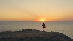 The beautiful woman standing on the rocky sea shore