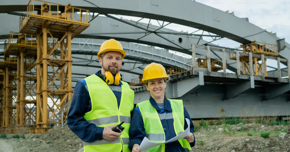Two successful engineers in workwear standing against large ...