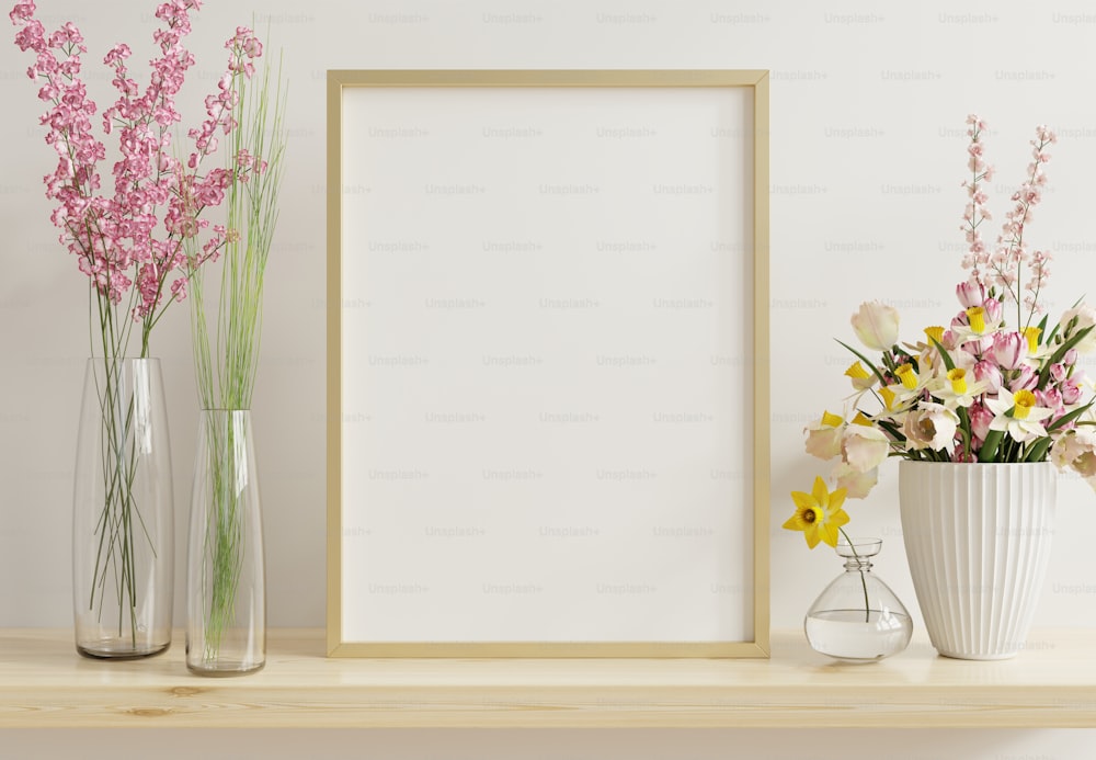 Interior poster mockup with vertical gold chrome frame in home interior background,3D rendering