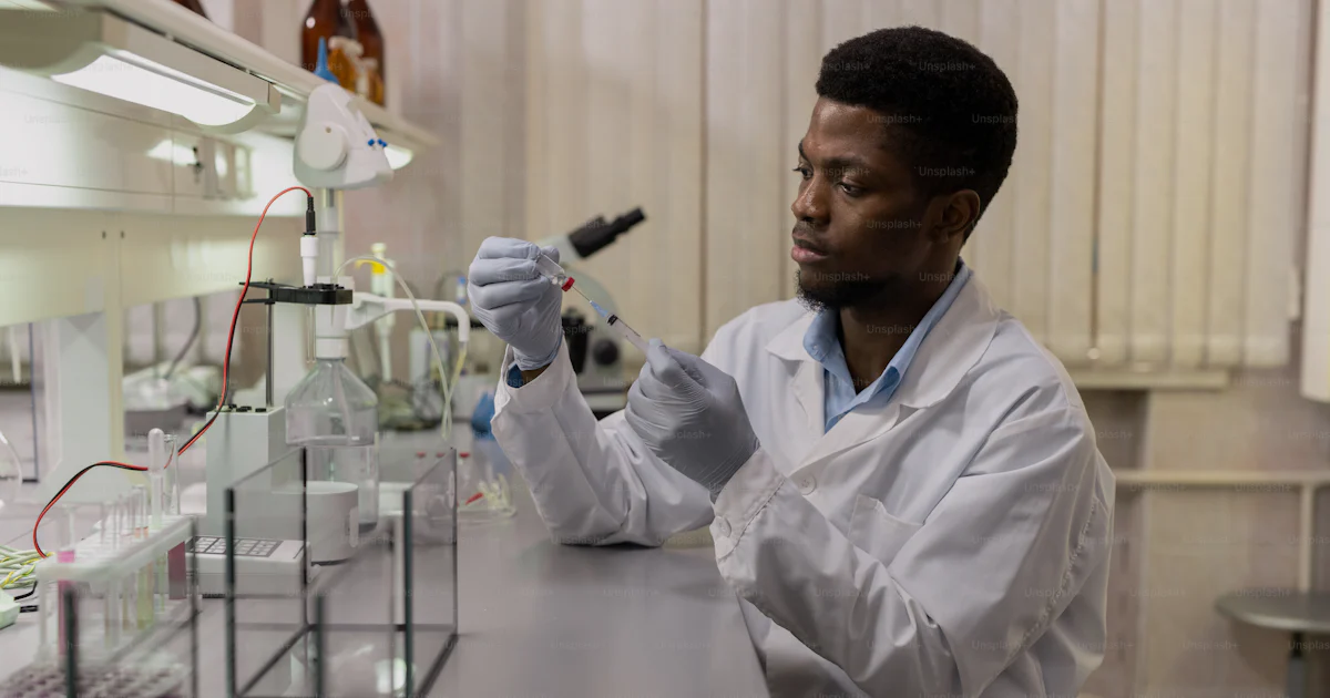 Science Project With Injection Young African male scientist taking new vaccine into syringe before ...