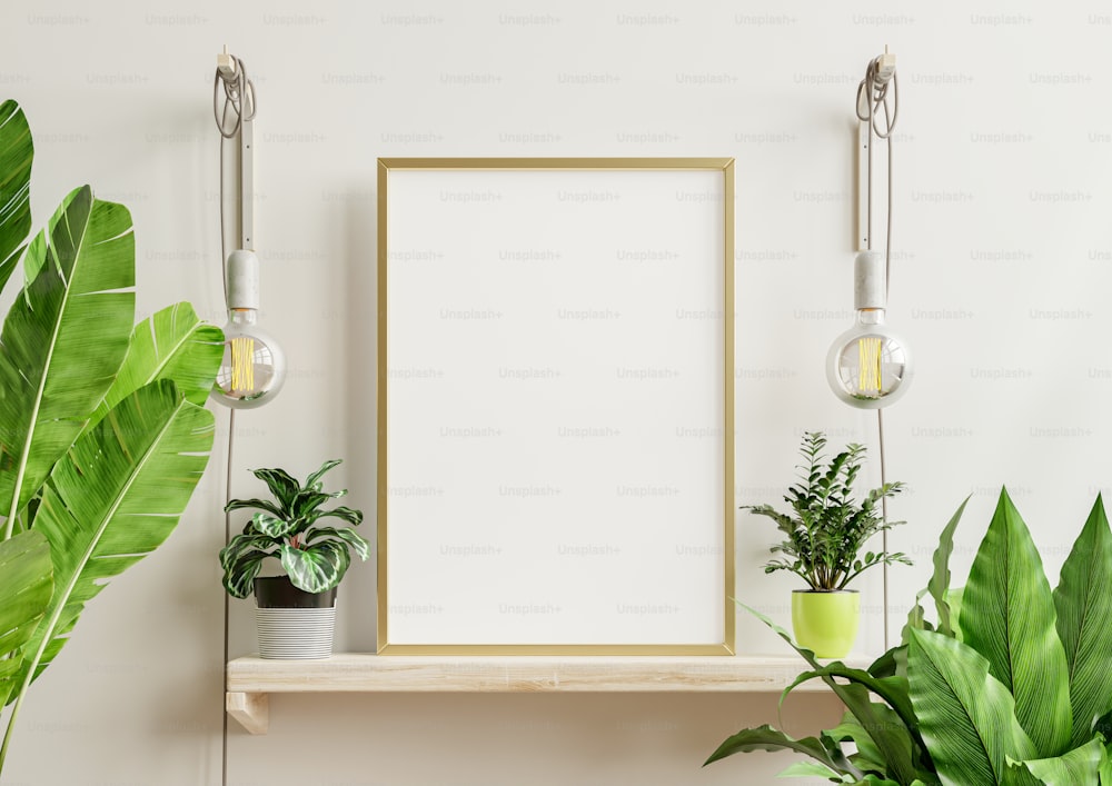 Interior poster mockup with vertical wooden frame in home interior background,3D rendering