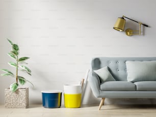 Mockup della parete interna del soggiorno con divano e cuscini su sfondo biancorendering .3D