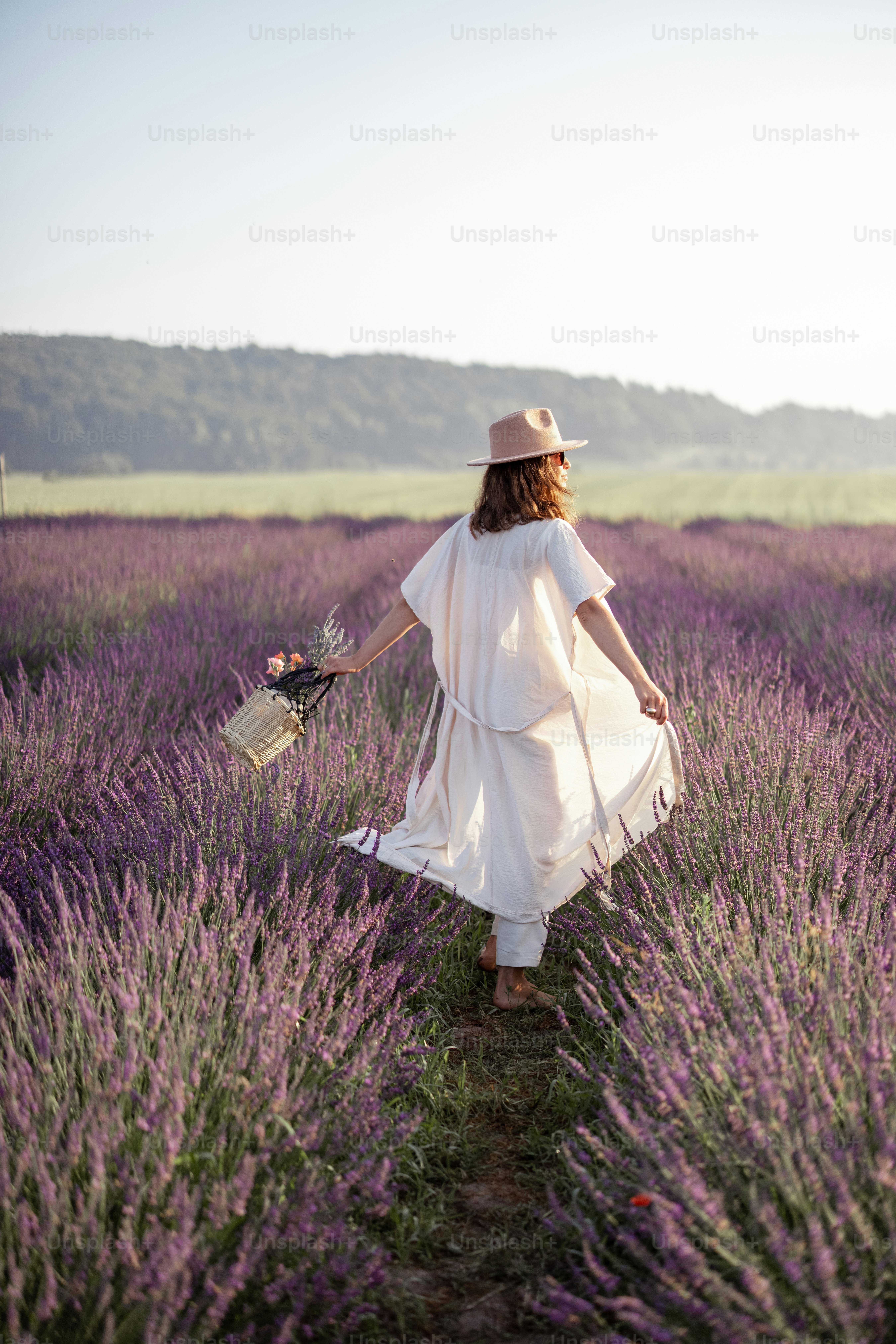 Young woman walking on lavender field with bouquet of violet flowers and enjoy the beauty of nature. Calmness and mindful concept. Copy space
