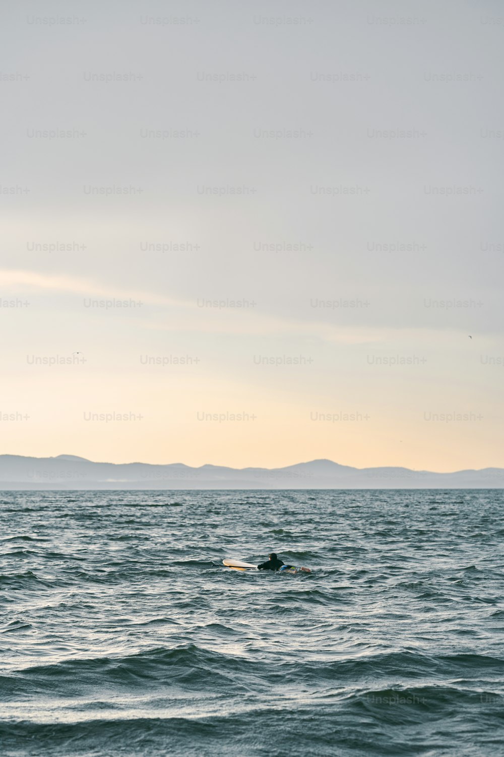 野生の自然を背景にサーフボードを漕ぐ男の小さな姿 ウンテイン湖、風光明媚な景色、夕日