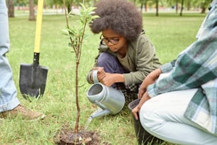 Little African boy watering small tree after planting it in park