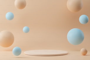 3D-Rendering des Lichtkreis-Podiums auf beigem Hintergrund mit fliegenden Blasen. Abstrakter Hintergrund mit rundem Sockel. Leere Bühne für Produktpräsentation