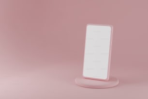 Pink smartphone mockup standing on showcase podium on pink background. 3d mobile phone with blank white screen, simple designe. 3d illustration of modern device screen