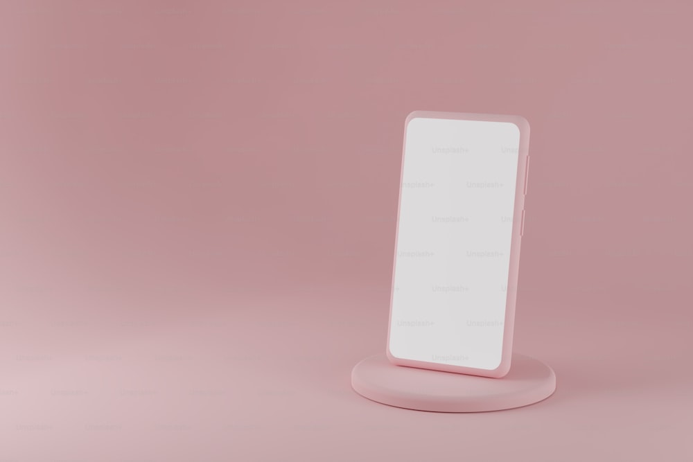 Pink smartphone mockup standing on showcase podium on pink background. 3d mobile phone with blank white screen, simple designe. 3d illustration of modern device screen