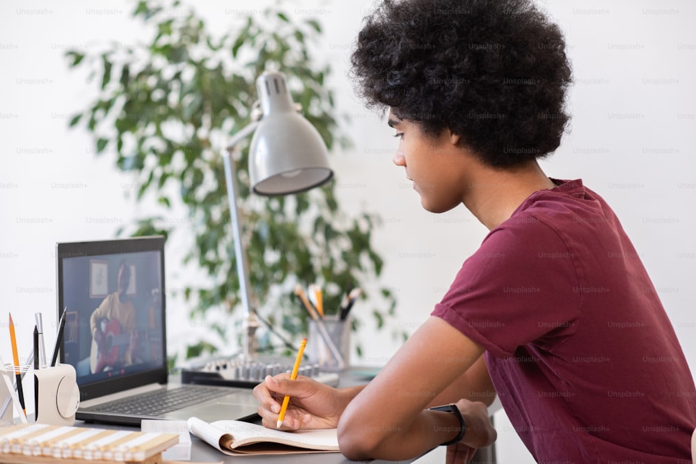 Young student with pencil making notes during online lesson with teacher explaining rules of playing guitar