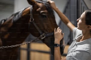 Female horseman combing mane of her brown Thoroughbred horse in stable. Concept of animal care. Rural rest and leisure. Idea of green tourism. Young smiling european woman wearing uniform