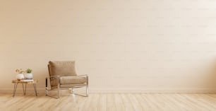 Modern minimalist interior with an armchair on empty cream color wall background.3d rendering