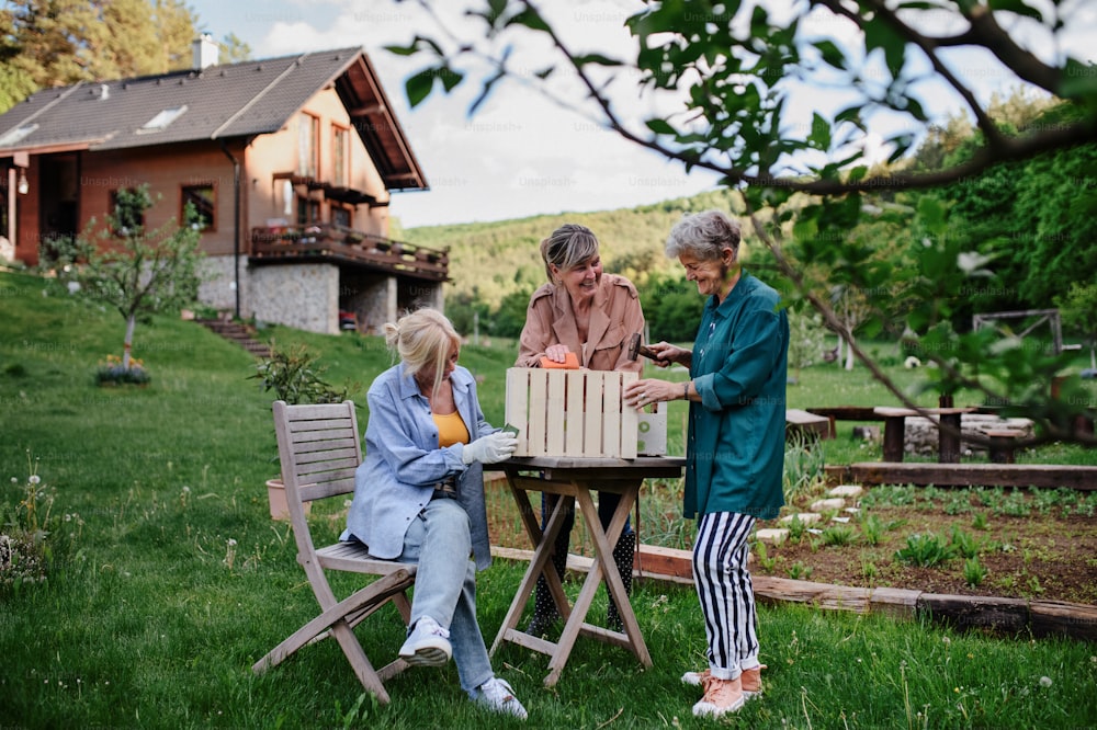 Happy senior women friends renovating a wooden crate outdoors in garden.