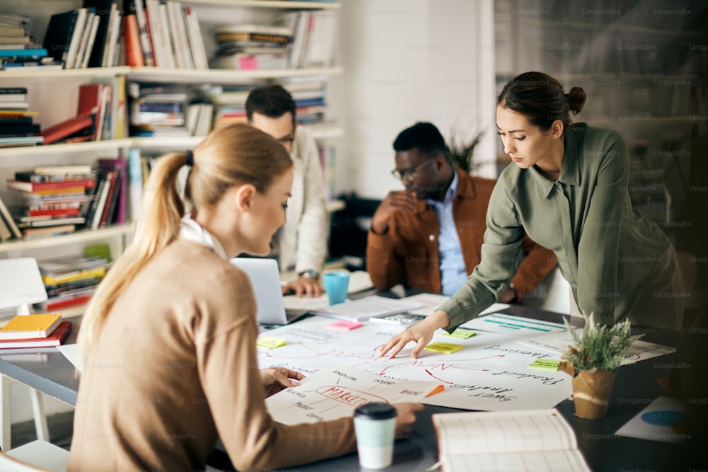 Jovem equipe de start-up trabalhando em projeto de novos negócios no escritório criativo. O foco está na empresária analisando o mapa mental na mesa.