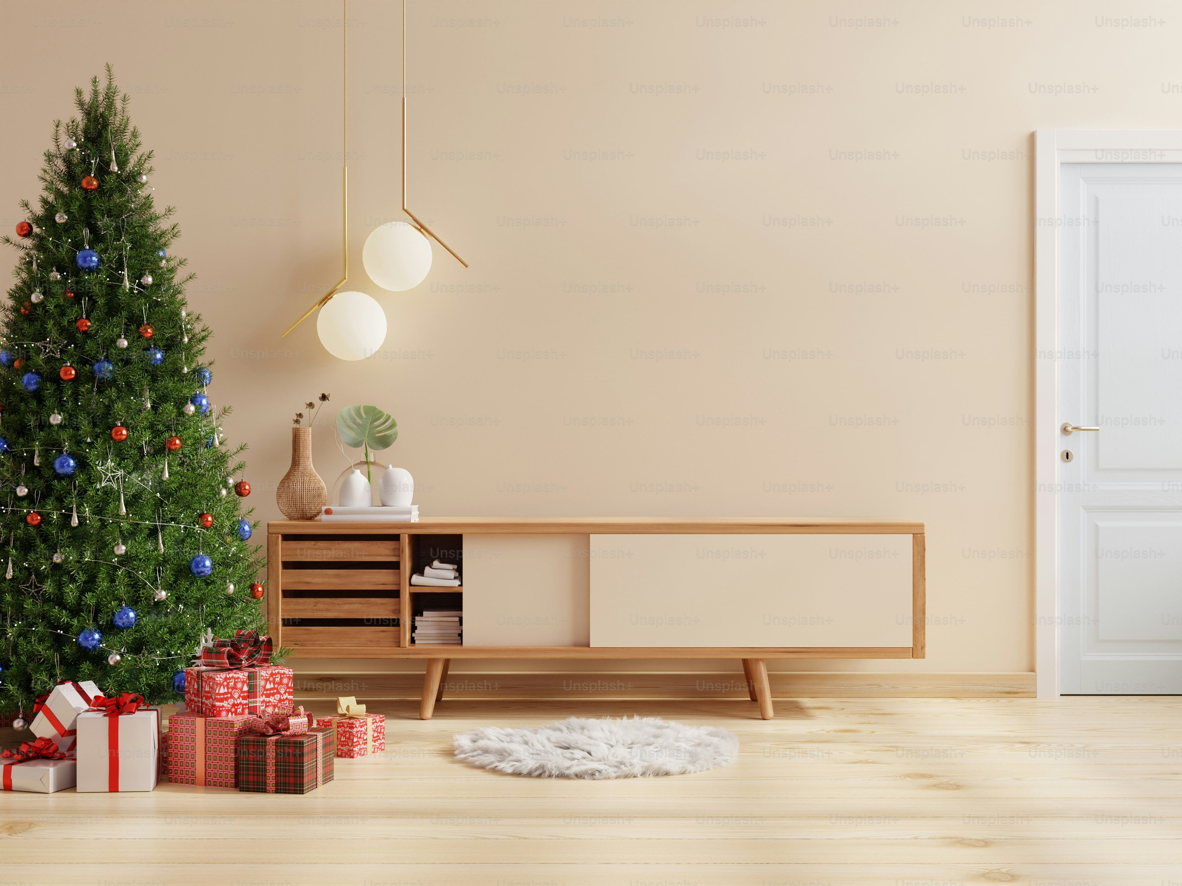 Sala de estar no Natal realizada em uma sala de cor creme.3D renderização  foto – Imagem sobre Natal na Unsplash, image size:3000x2250