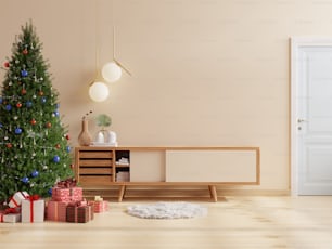 Sala de estar en Navidad celebrada en una habitación de color crema.3D renderizado