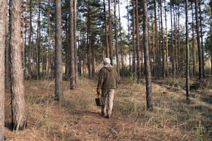 Vista trasera del anciano viajando en la naturaleza salvaje mientras camina por el sendero entre los pinos. Concepto de aventuras de jubilación