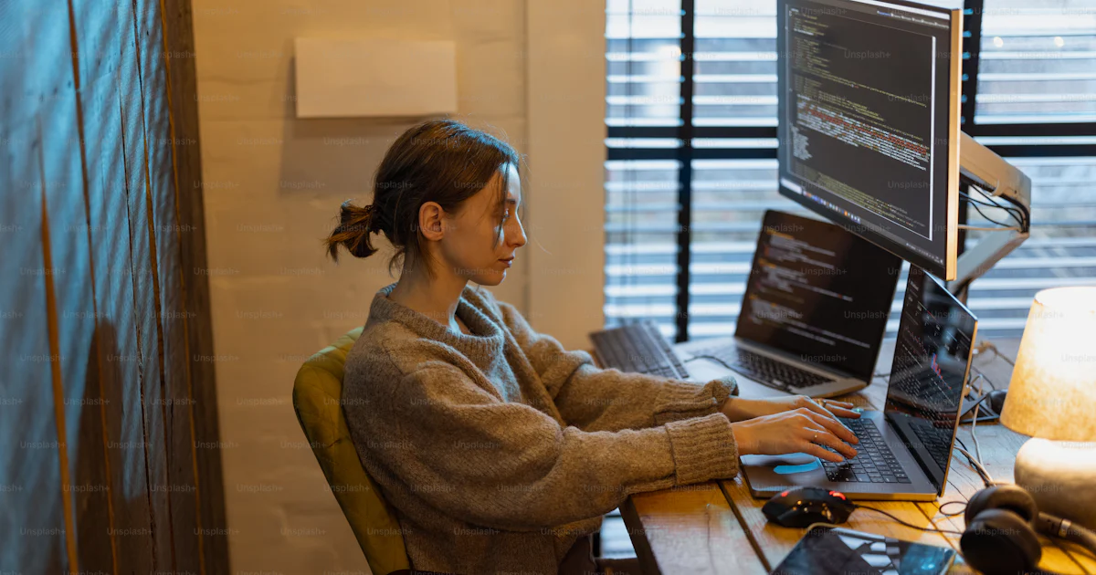 Young woman works on computers, sitting at workplace at cozy home ...