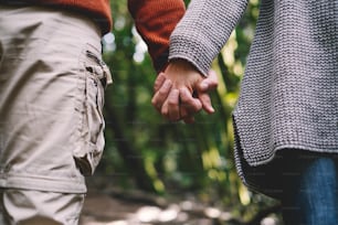 Close up of couple holding hands with green forest nature background. Concept of love and relationship with adults man and woman heterosexual people in contact.