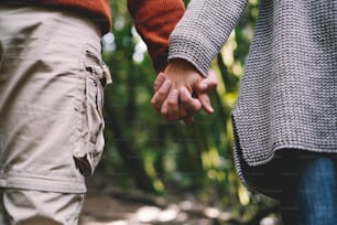 Primer plano de una pareja tomada de la mano con un fondo de naturaleza de bosque verde. Concepto de amor y relación con adultos, hombres y mujeres, personas heterosexuales en contacto.