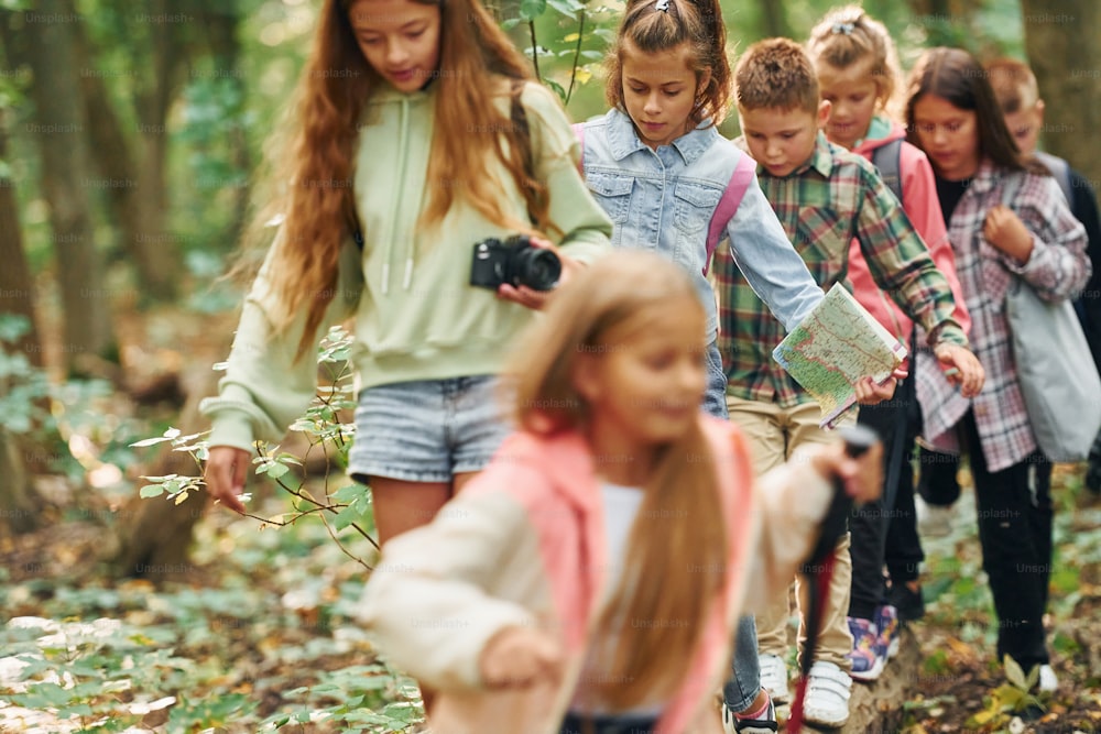 Con equipamiento turístico. Niños en el bosque verde durante el día de verano juntos.