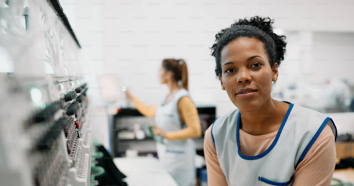 Jeune couturière afro-américaine travaillant à la machine à broder dans ...
