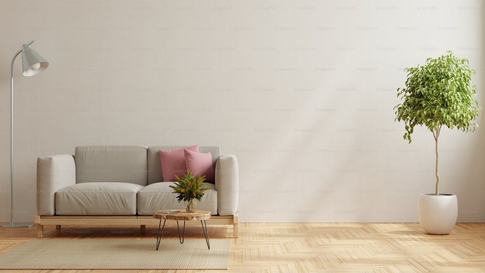 Living room interior wall mockup with sofa and table on white background.3d rendering