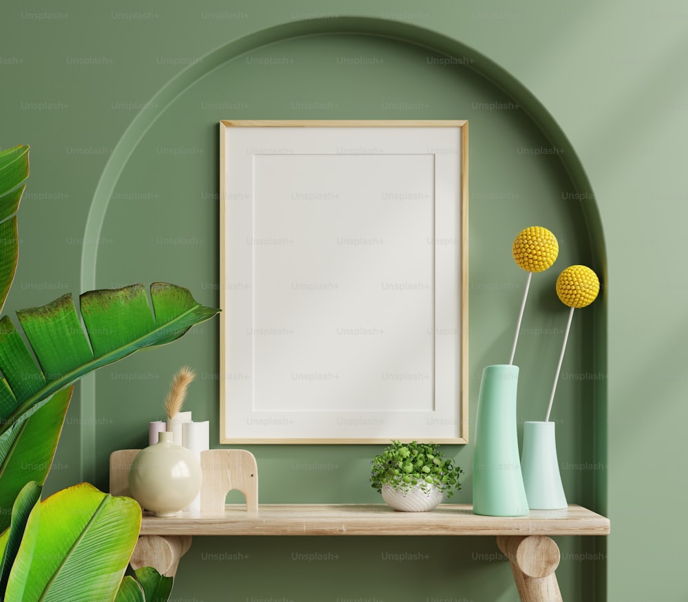 Interior wooden frame mockup on shelf behind the green wall.3D rendering
