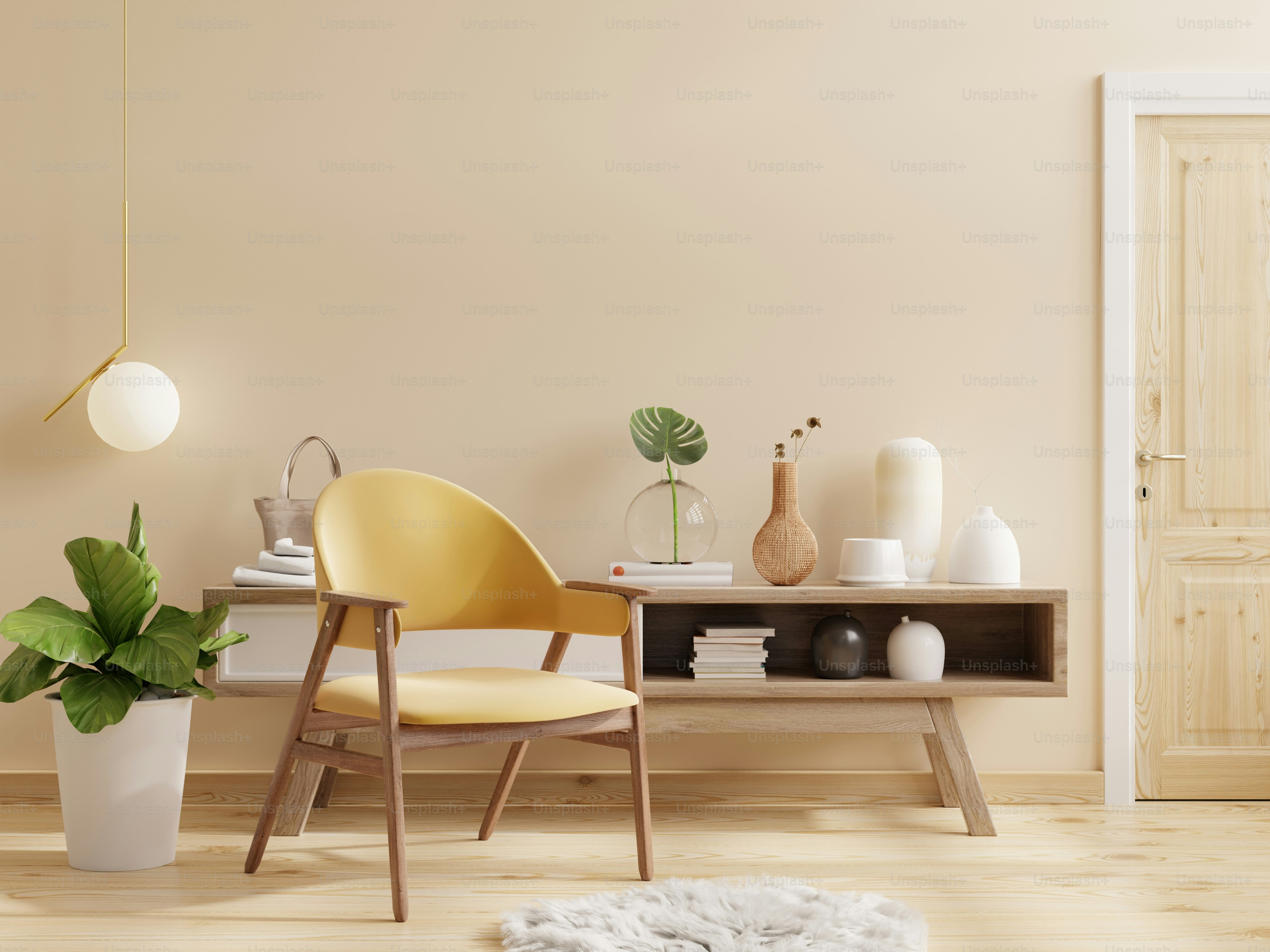 Interior da sala de estar com poltrona e armário no fundo vazio da cor creme.3D  renderização foto – Imagem sobre Estético na Unsplash, image size:3000x2250