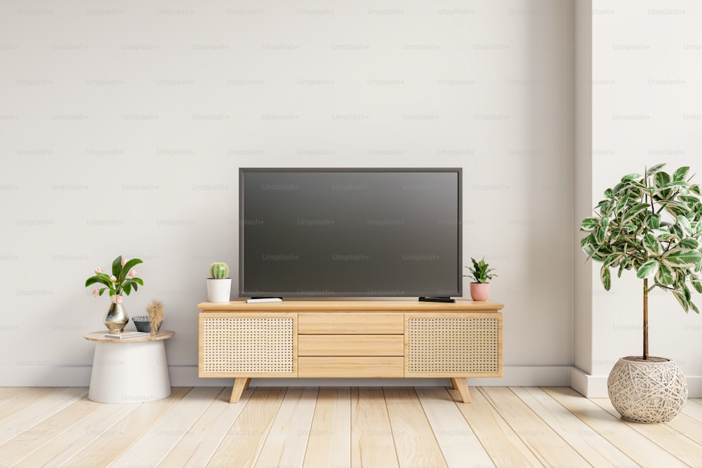 Interni moderni con TV e mobile su sfondo di parete di colore bianco.3D rendering