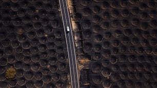 Ci-dessus, vue du paysage de sable noir pour le vignoble volcanique et la longue route droite avec une voiture blanche qui y circule et y roule. Concept de paysage scénique alternatif à l’extérieur