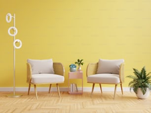 Modernes Wohnzimmerinterieur mit zwei Sesseln und Dekor an leuchtend gelber Wand.3d Rendering